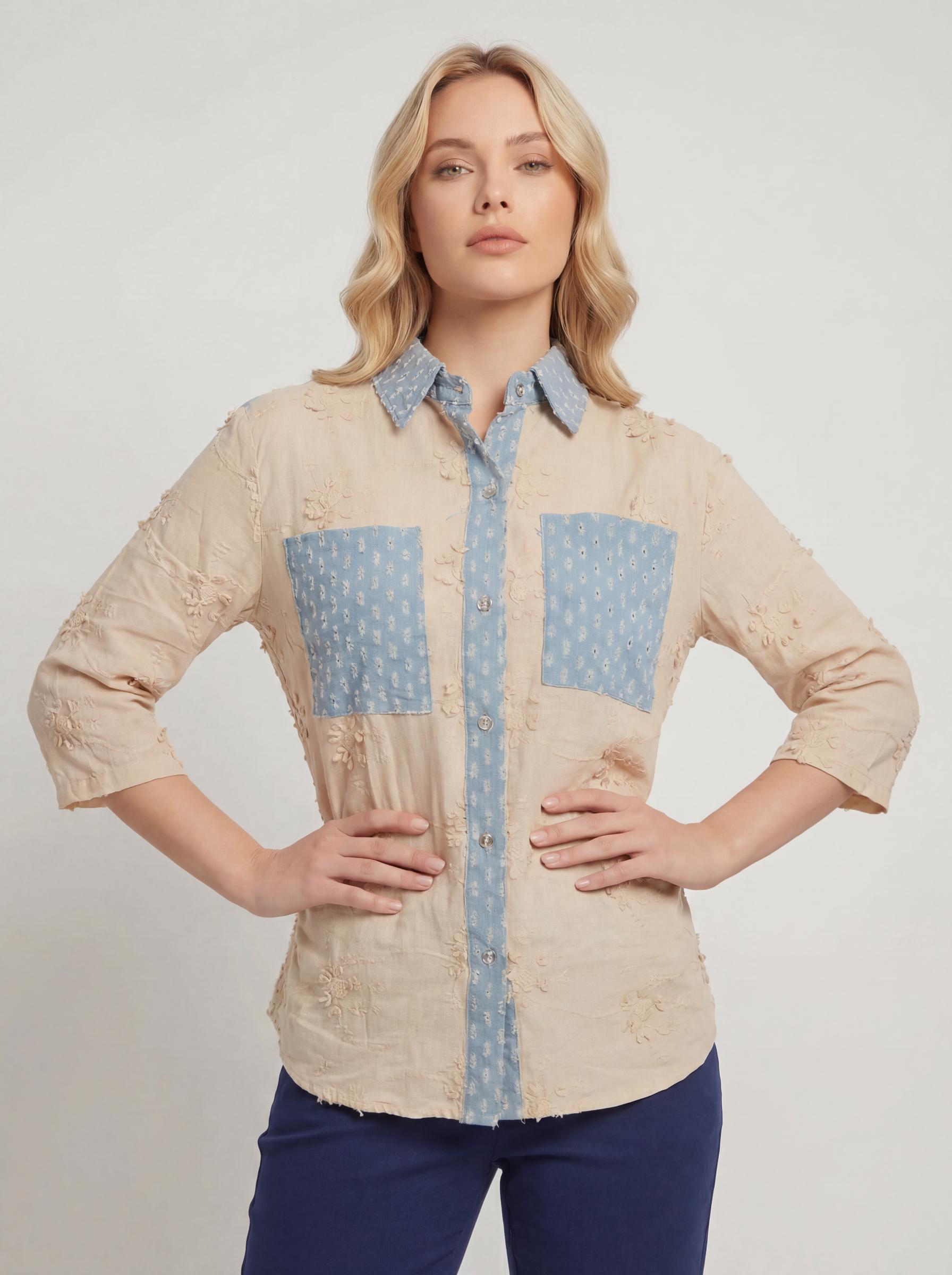 Women Embroidered Contrast Patch Shirt