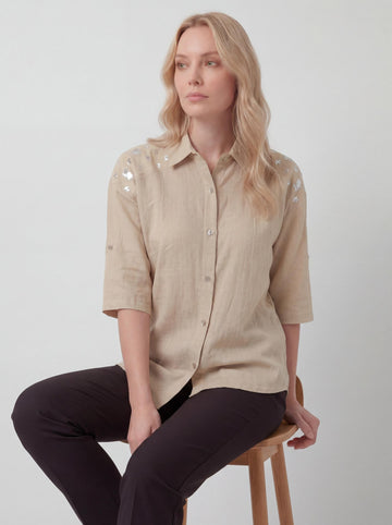 Women Studded Shoulder Button Down Shirt