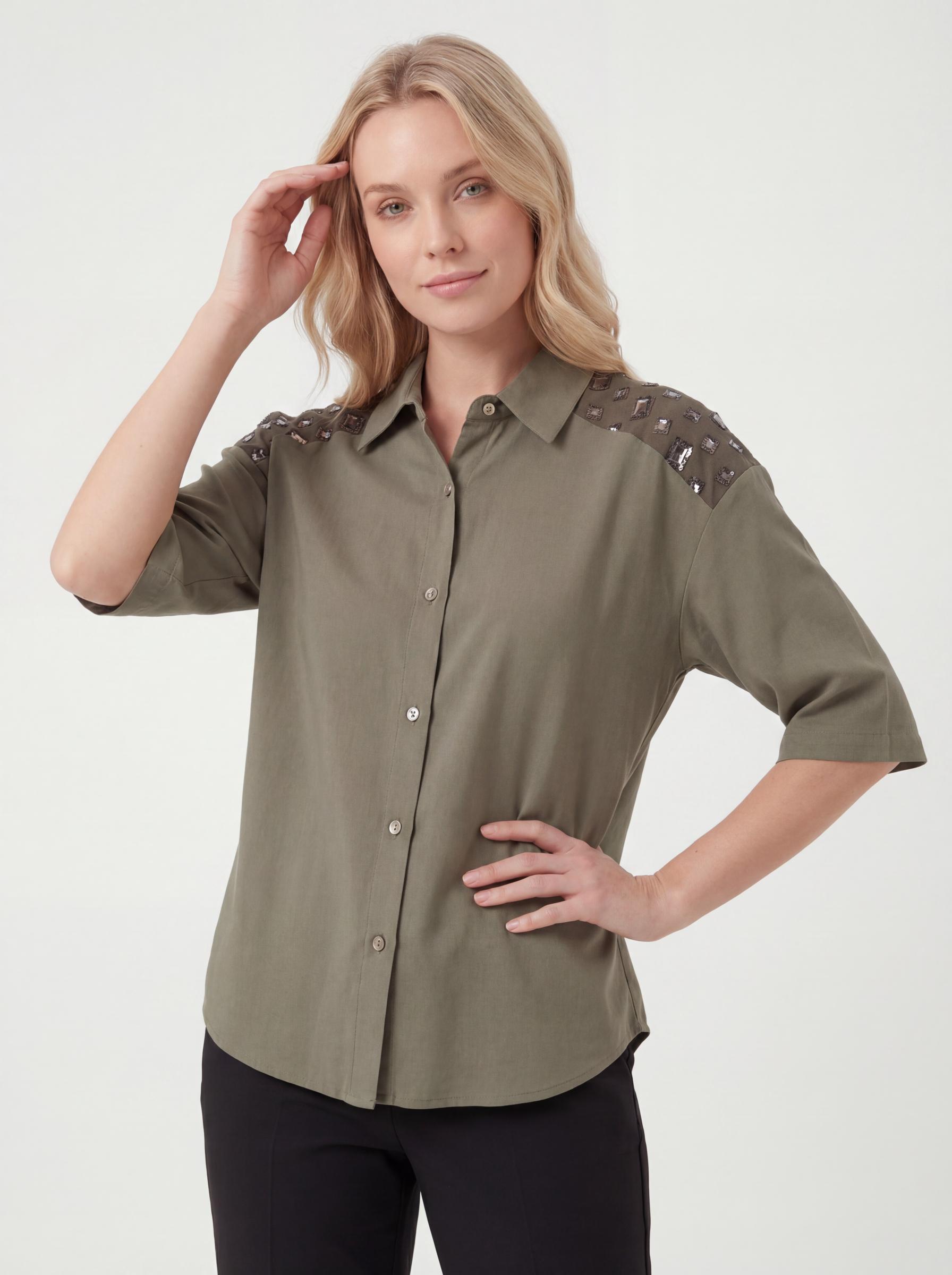 Women Studded Shoulder Button Down Shirt