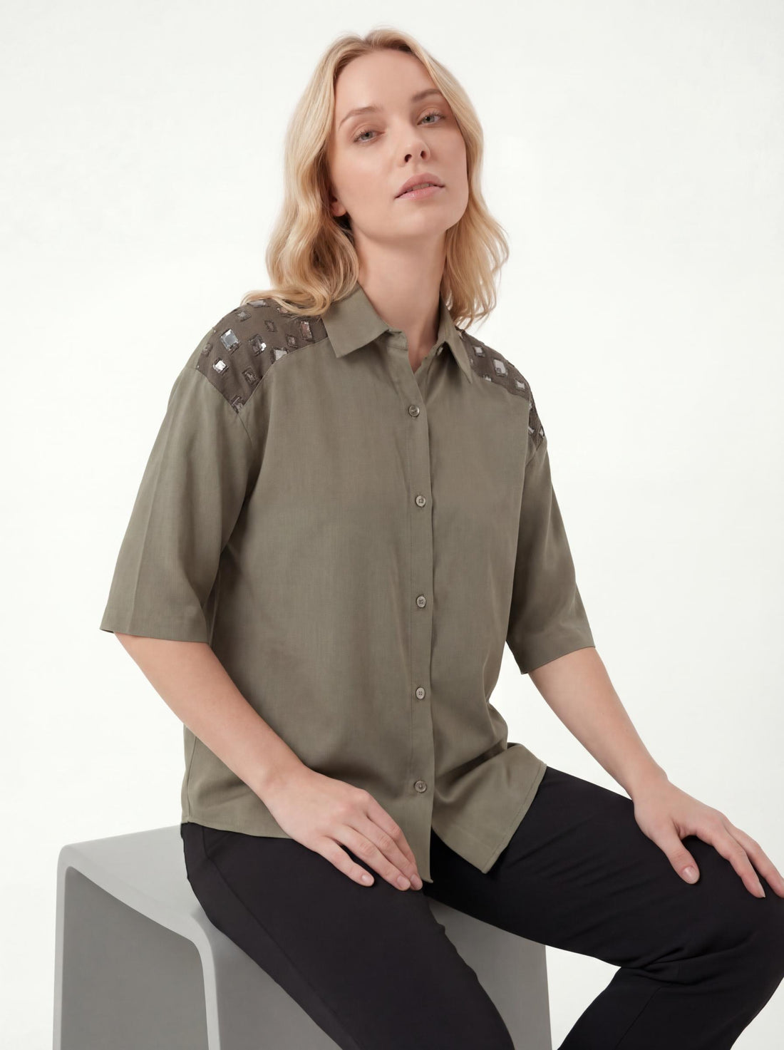 Women Studded Shoulder Button Down Shirt