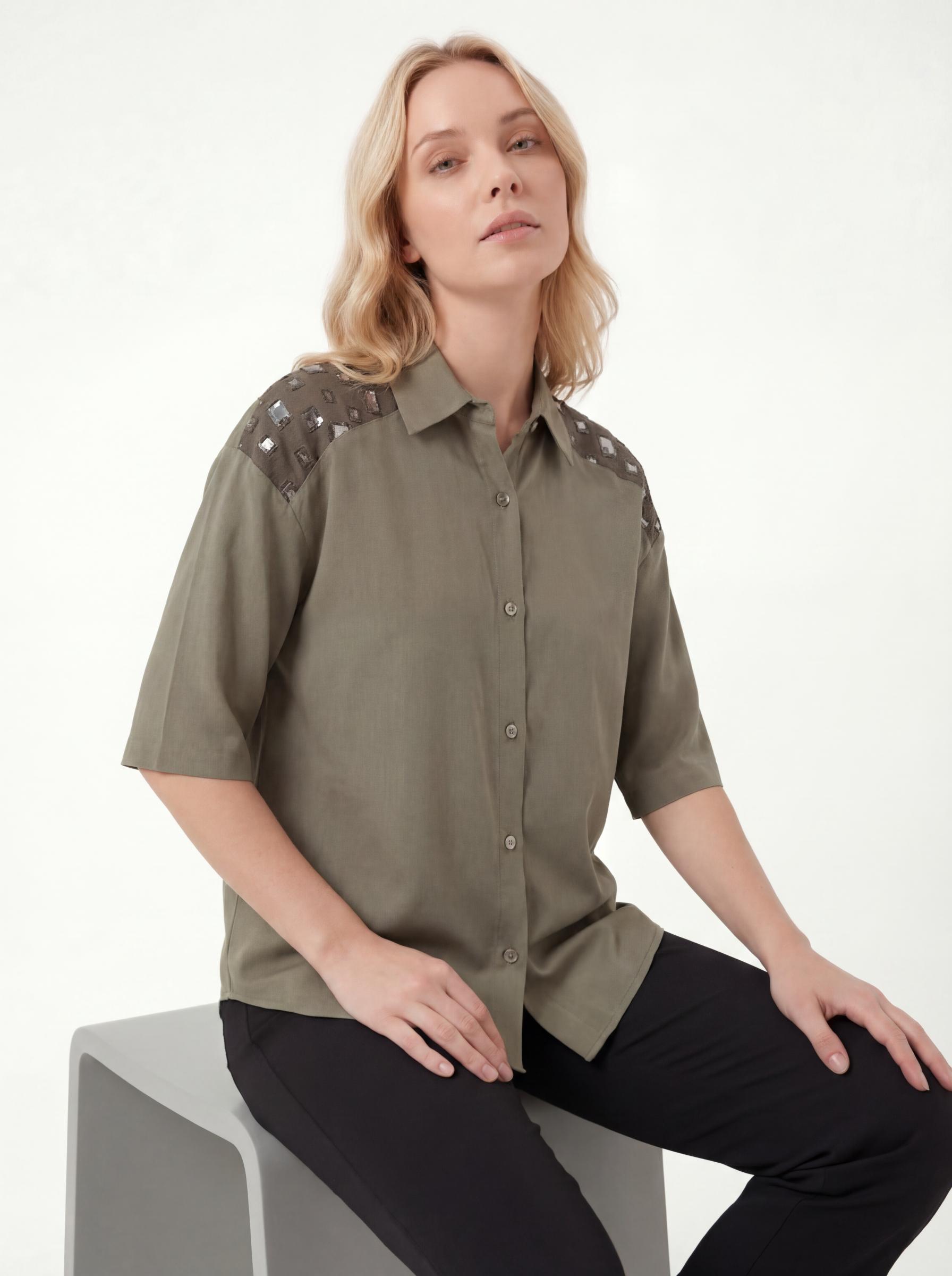 Women Studded Shoulder Button Down Shirt