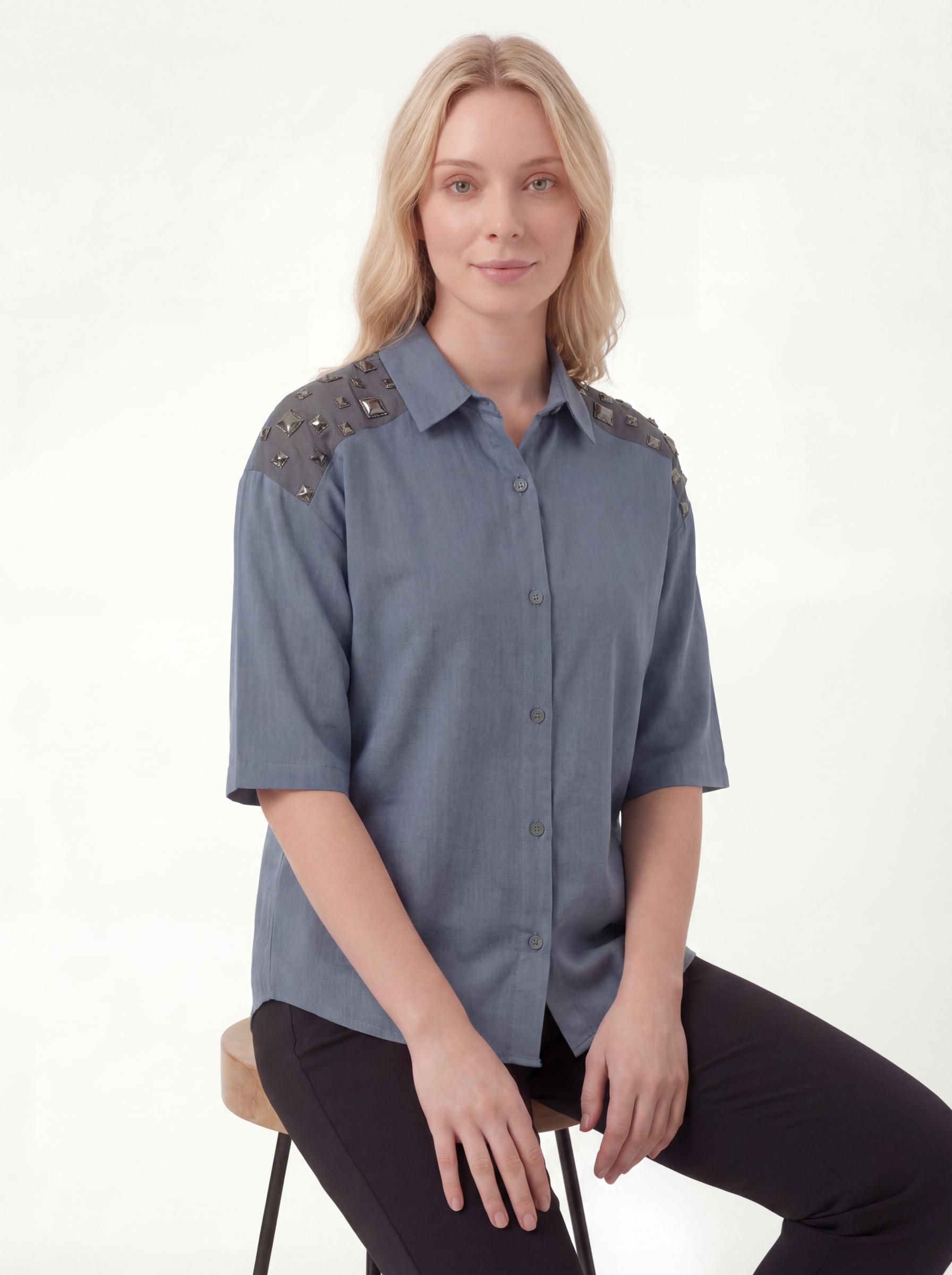 Women Studded Shoulder Button Down Shirt
