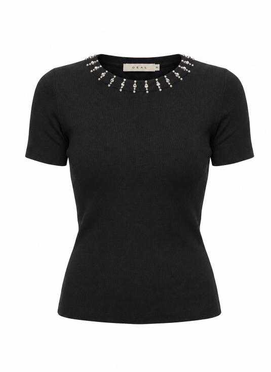 Women Embellished Neck Short Sleeve Top