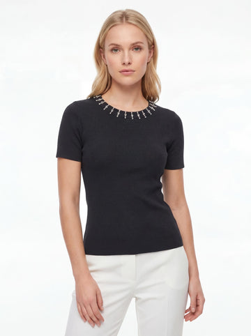 Women Embellished Neck Short Sleeve Top