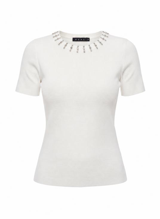 Women Embellished Neck Short Sleeve Top