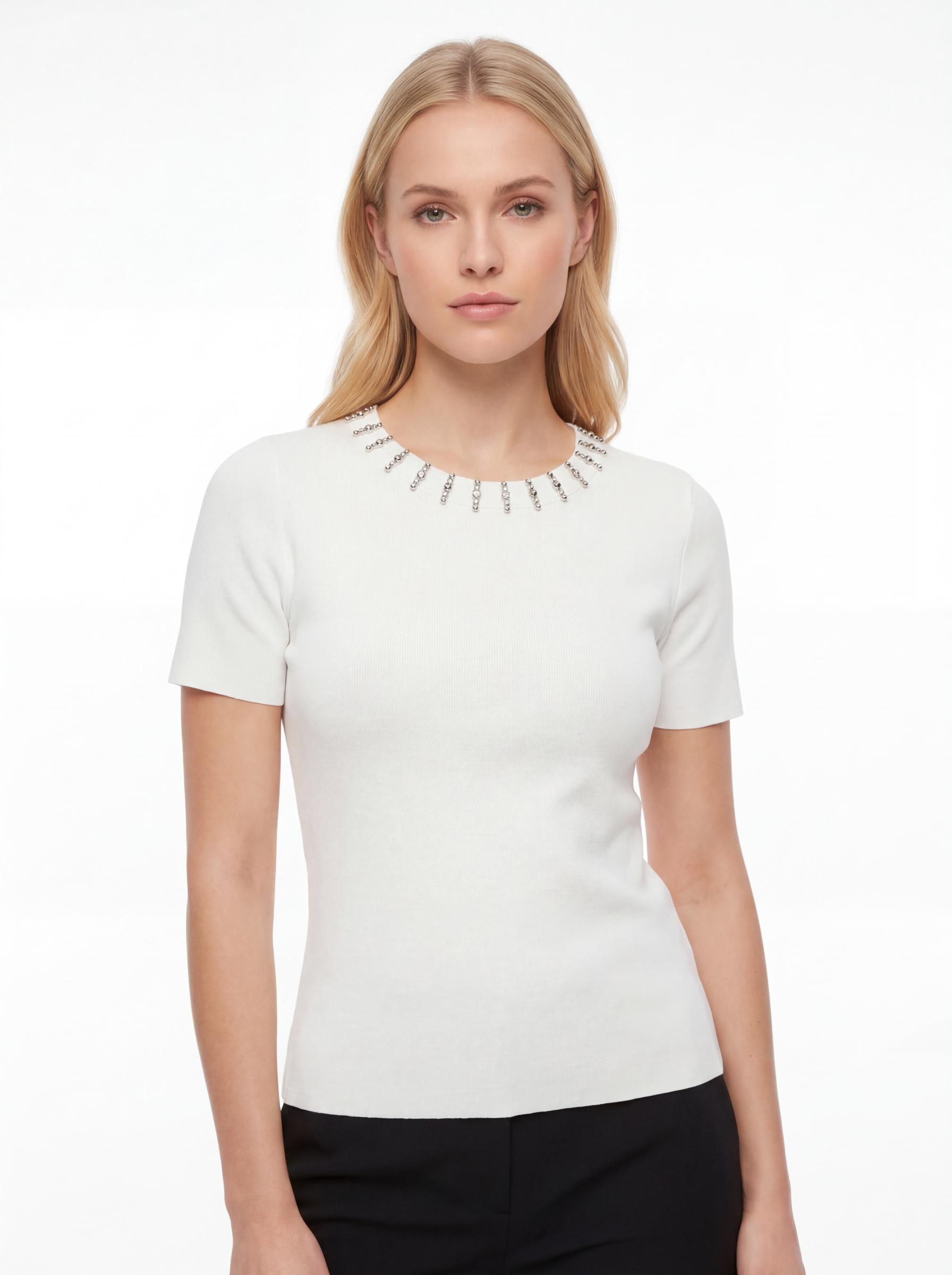 Women Embellished Neck Short Sleeve Top