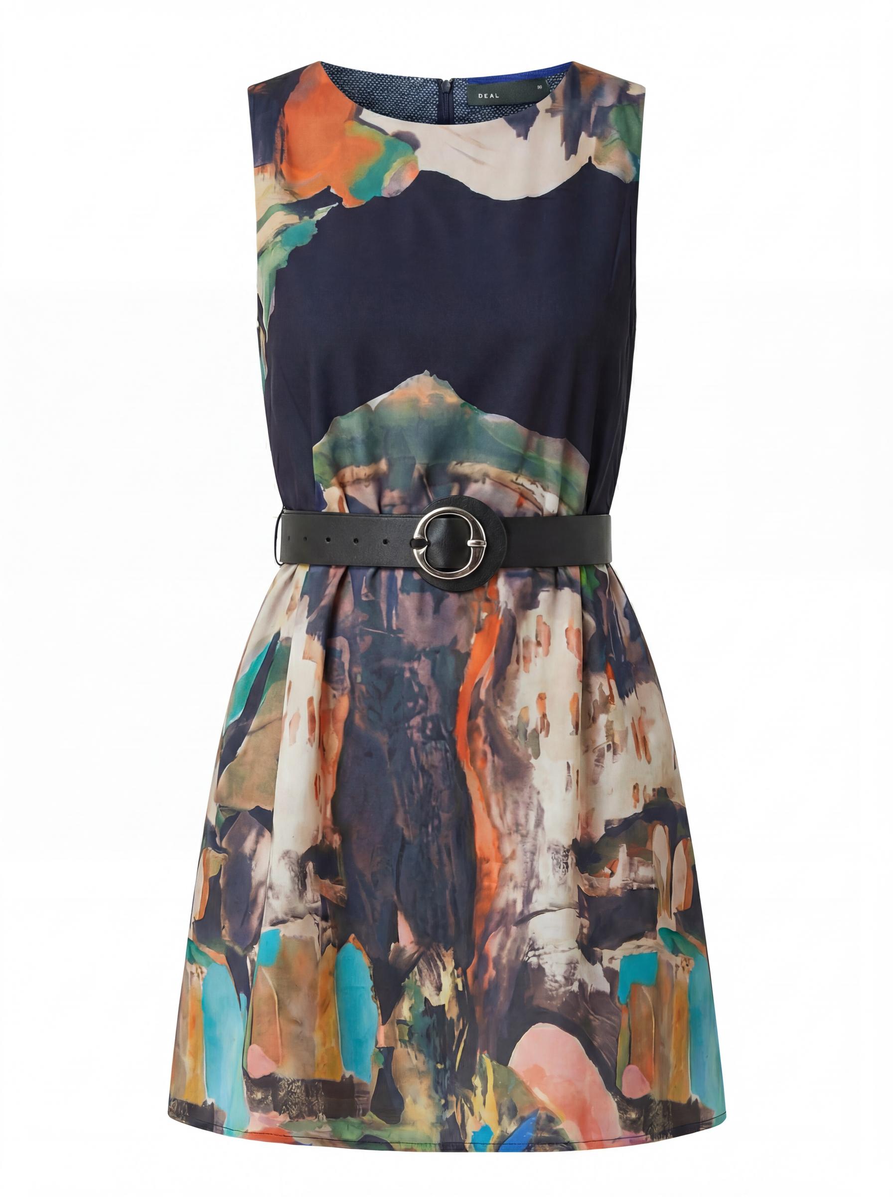Women Abstract Print Belted Mini Dress