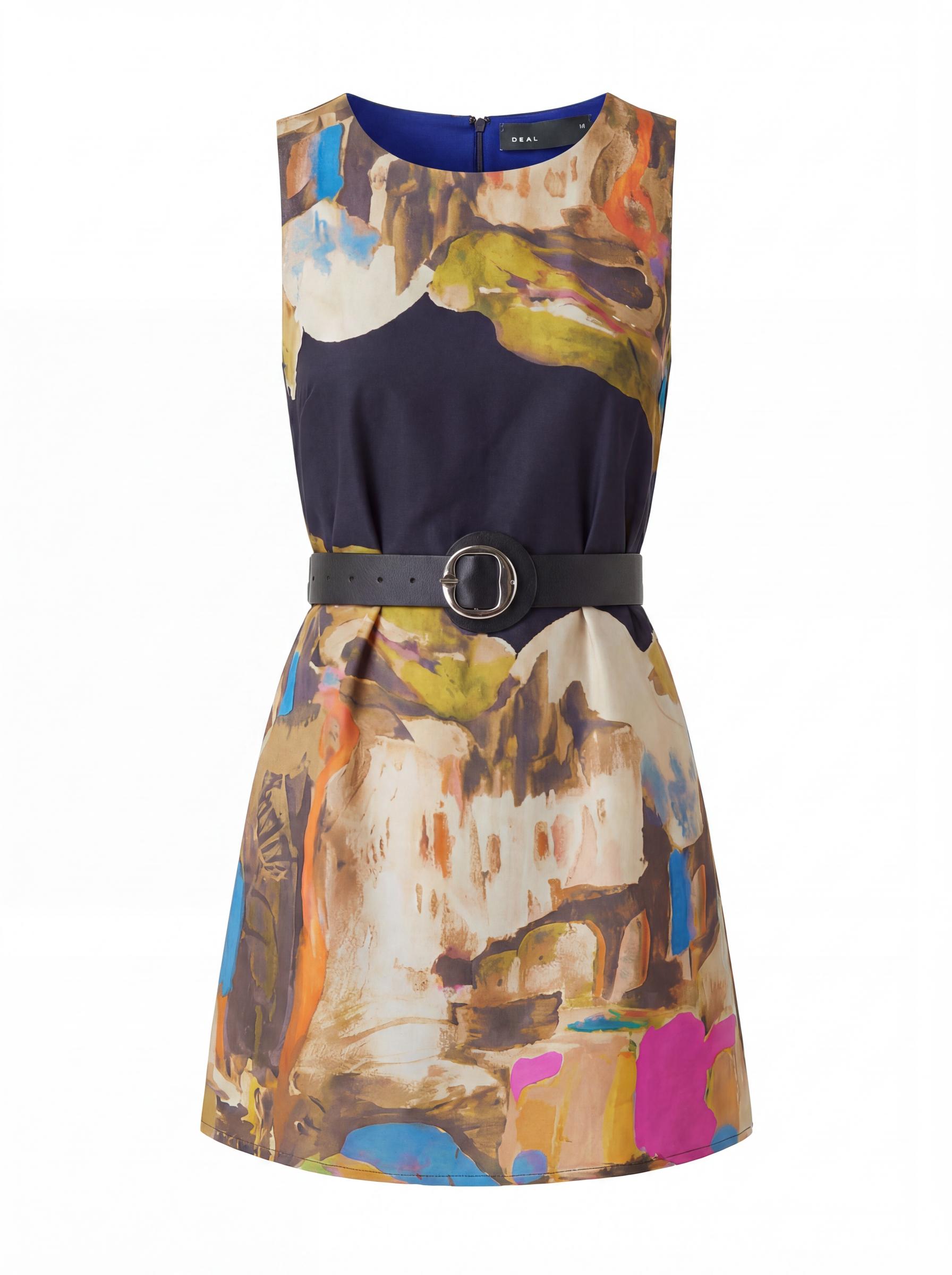 Women Abstract Print Belted Mini Dress
