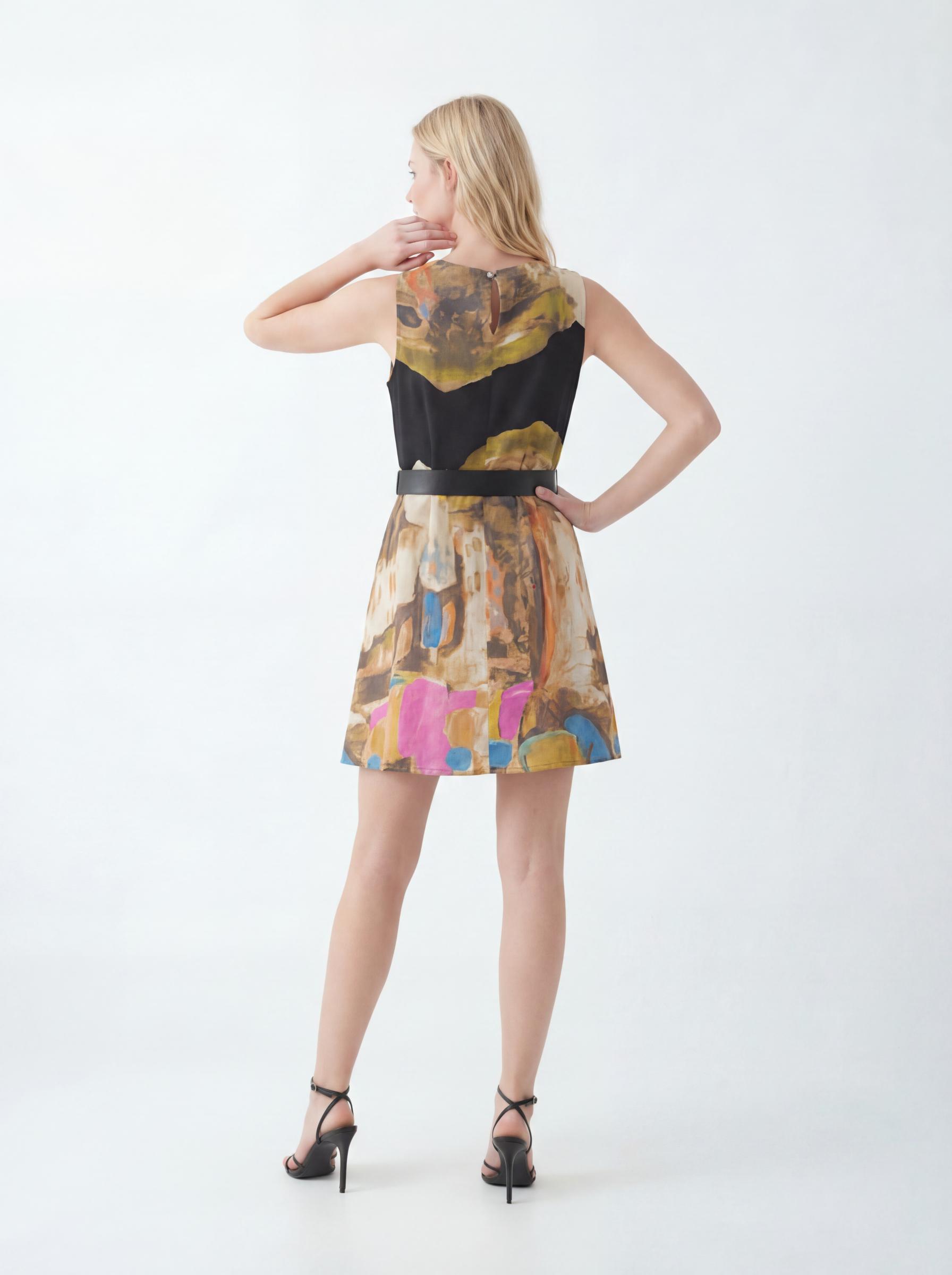 Women Abstract Print Belted Mini Dress