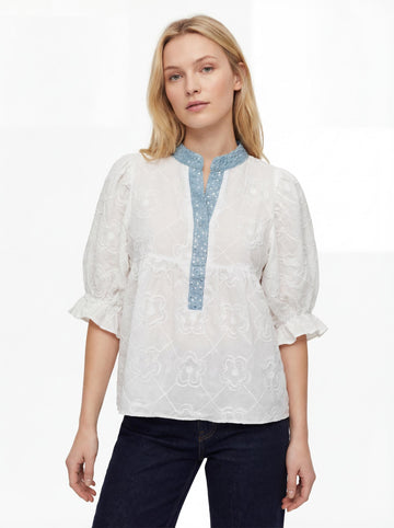 Women Embroidered Puff Sleeve Casual Top