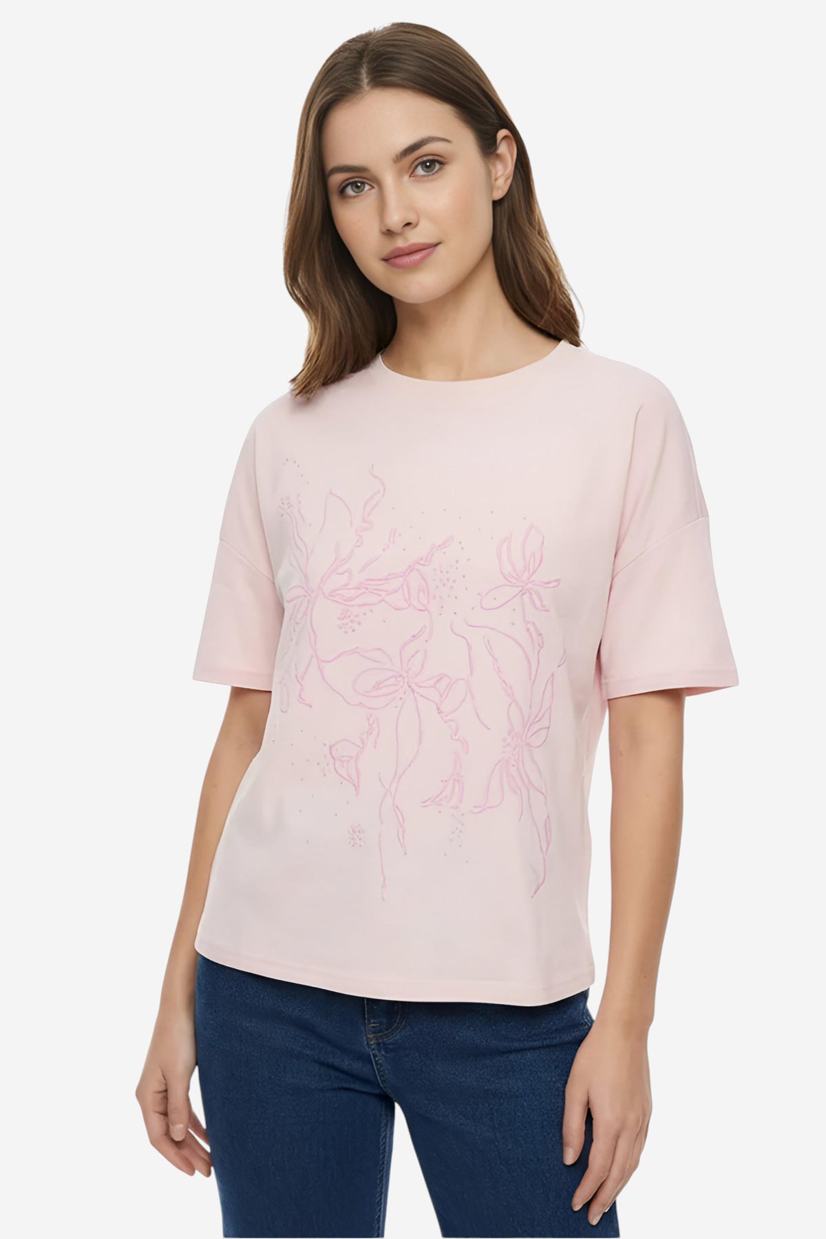 Light Pink Bow Embroidered Drop-Shoulder T-Shirt