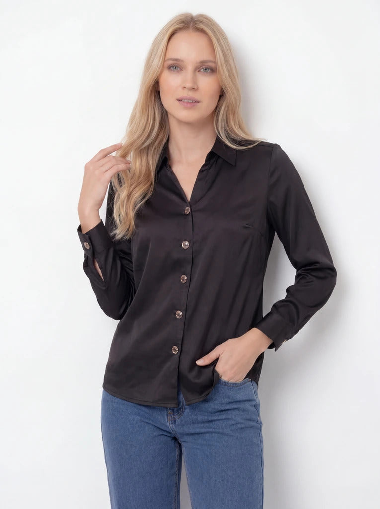 Black Button-Front Long Sleeve Shirt