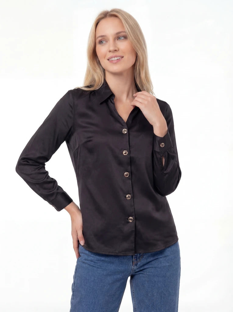 Black Button-Front Long Sleeve Shirt