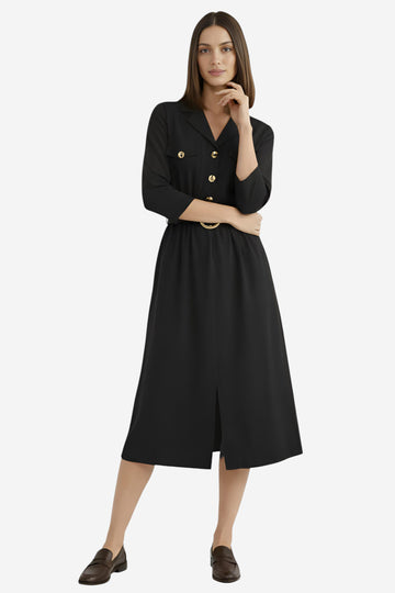 Black Notch Collar Midi Dress