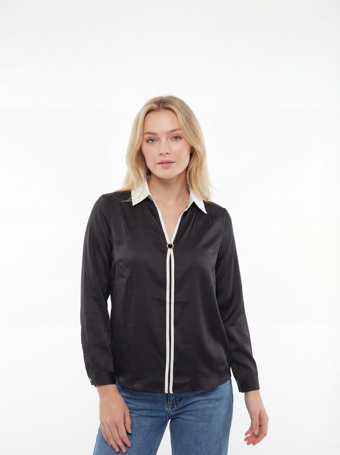 Contrast Collar Tie-Up Women’s Satin Shirt