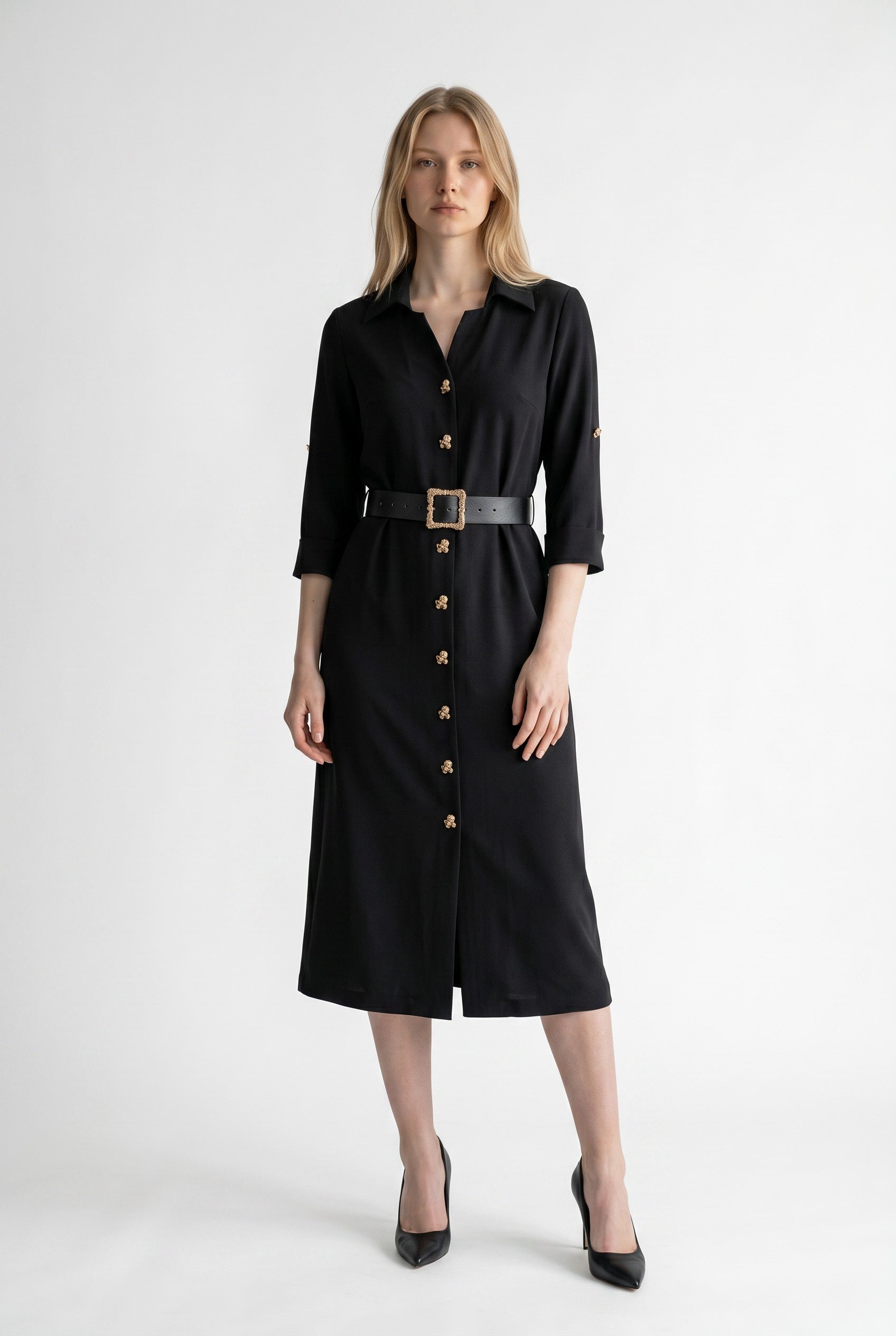 Black Belted Midi Shirt Dress