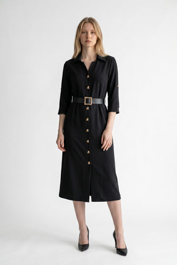 Black Belted Midi Shirt Dress