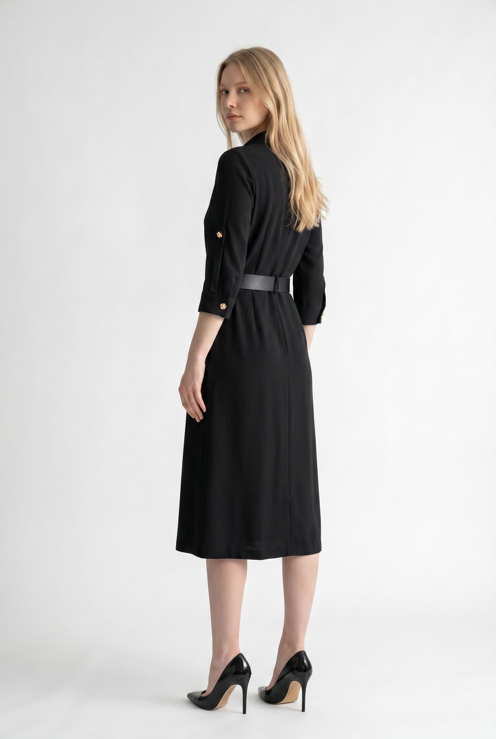 Black Belted Midi Shirt Dress