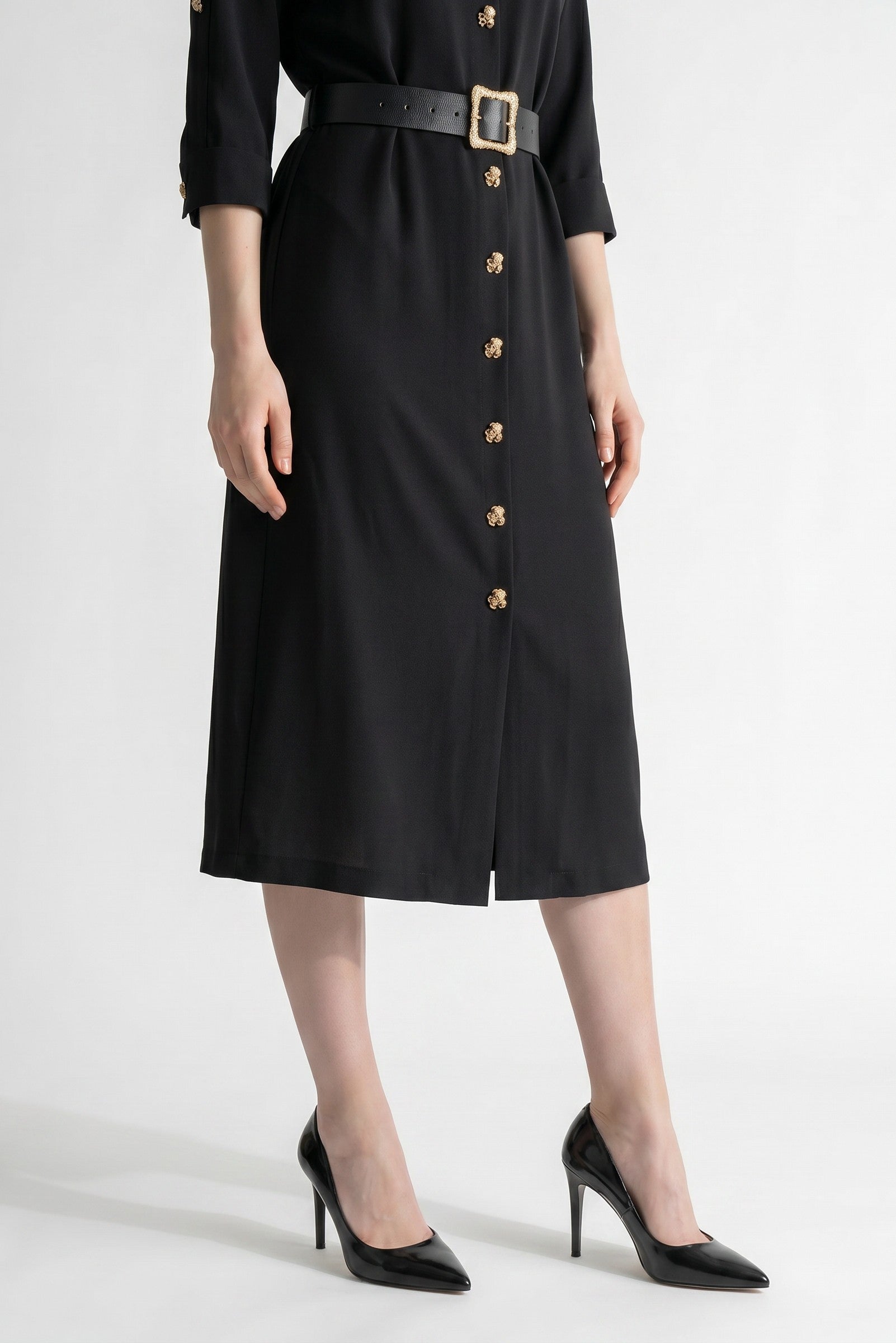 Black Belted Midi Shirt Dress