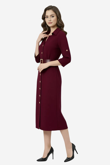 Maroon Button-Down Midi Shirt Dress with Belt