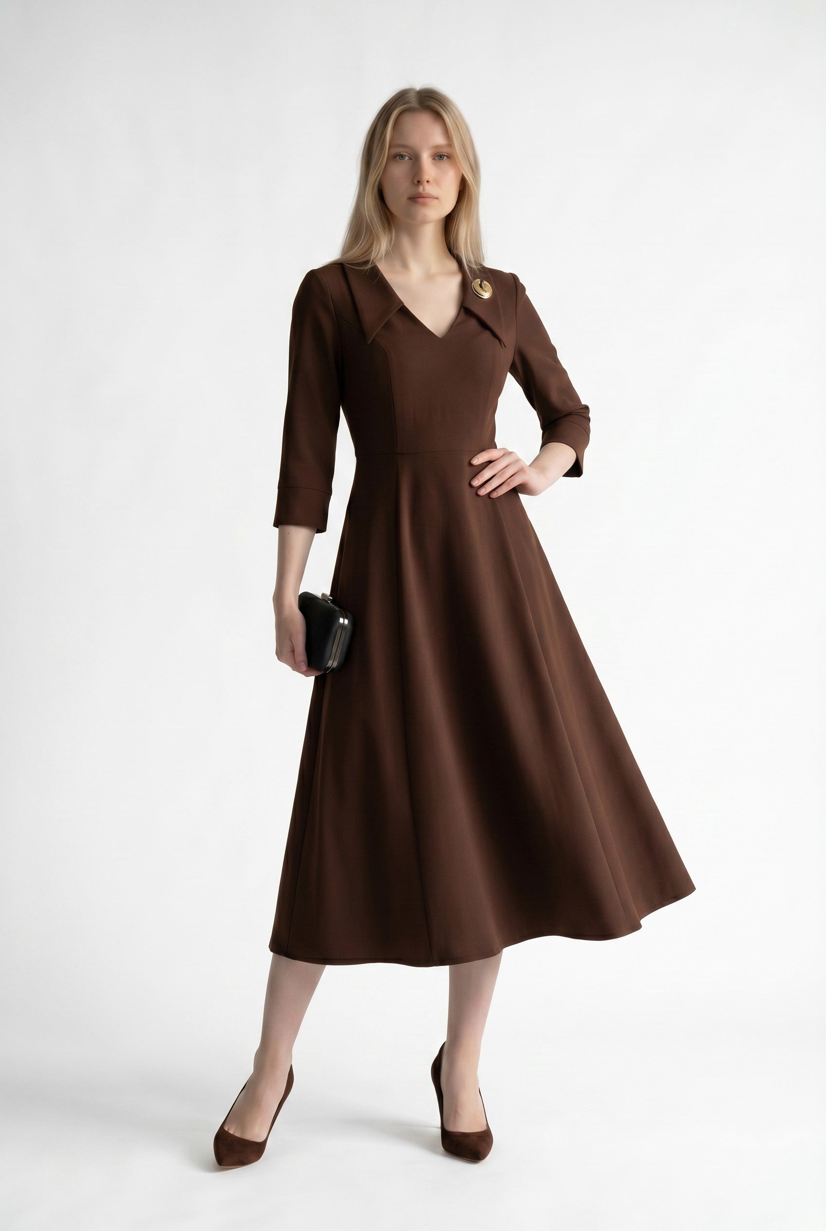 Brown Fit and Flare Midi Dress