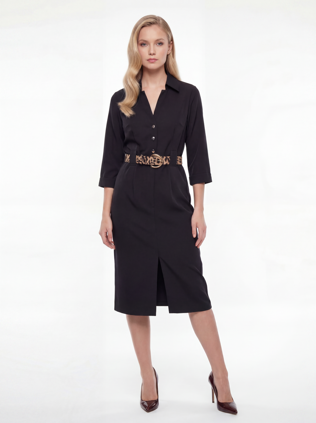 Black Belted Collared Midi Dress