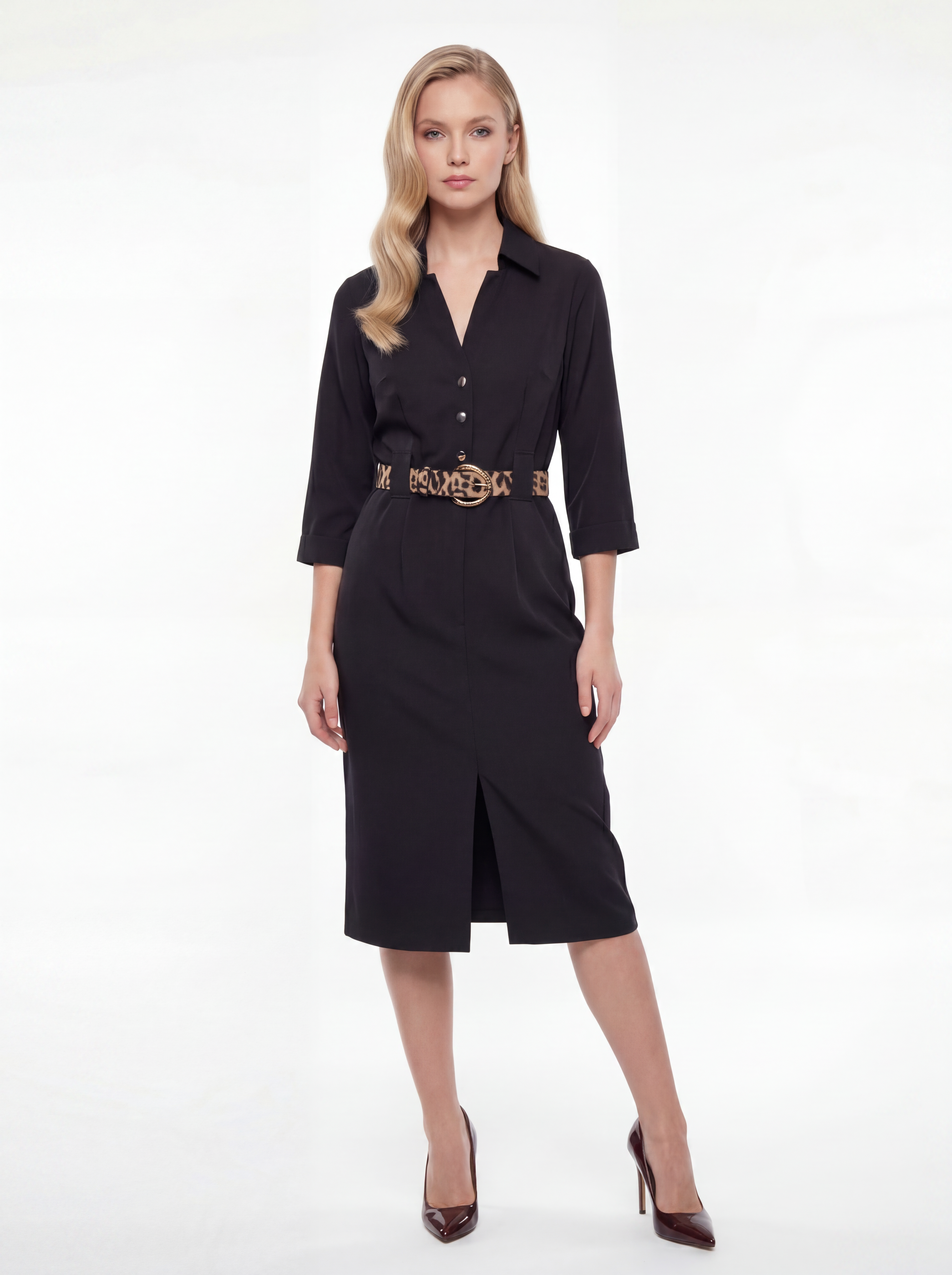 Black Belted Collared Midi Dress