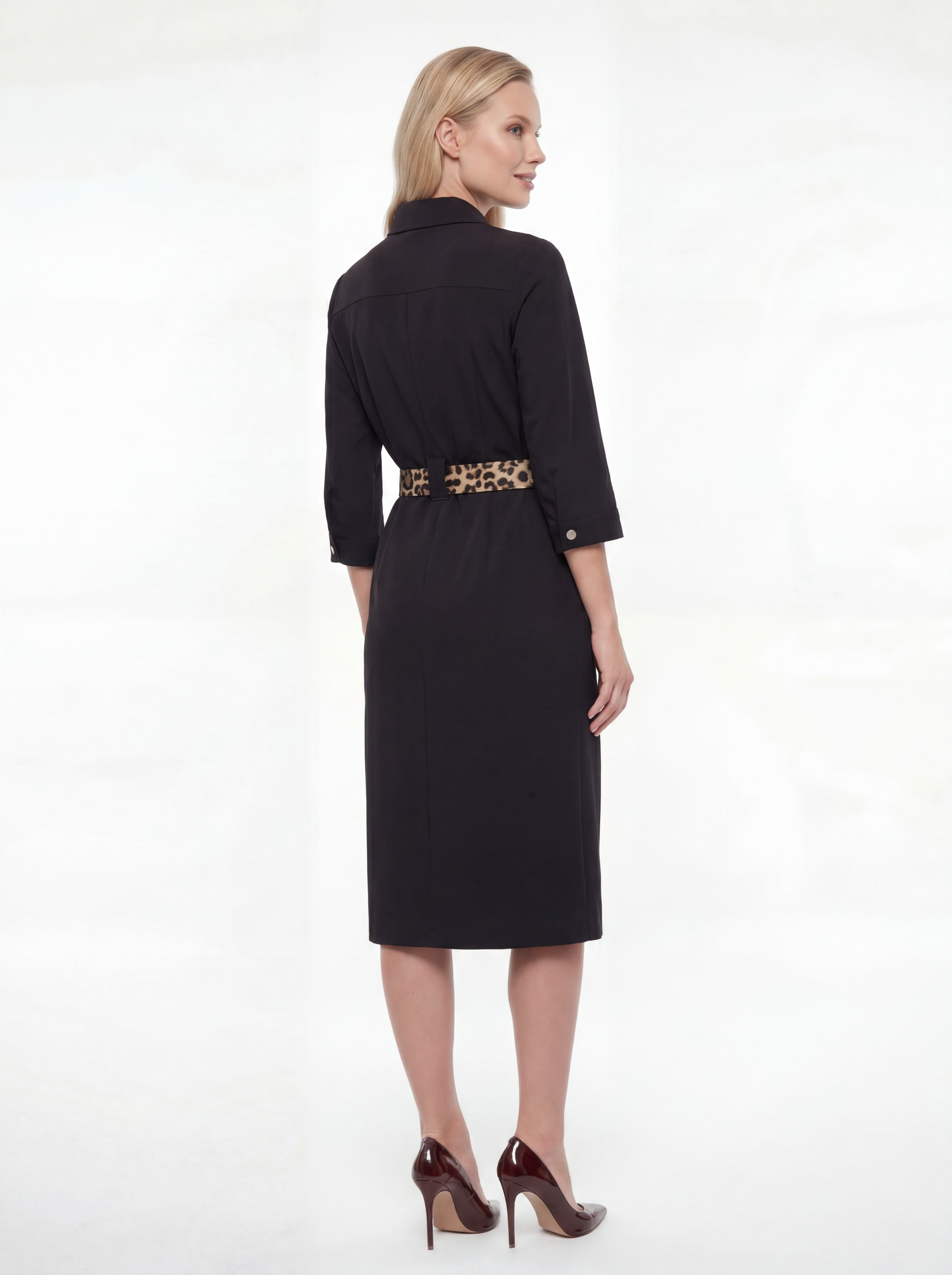 Black Belted Collared Midi Dress