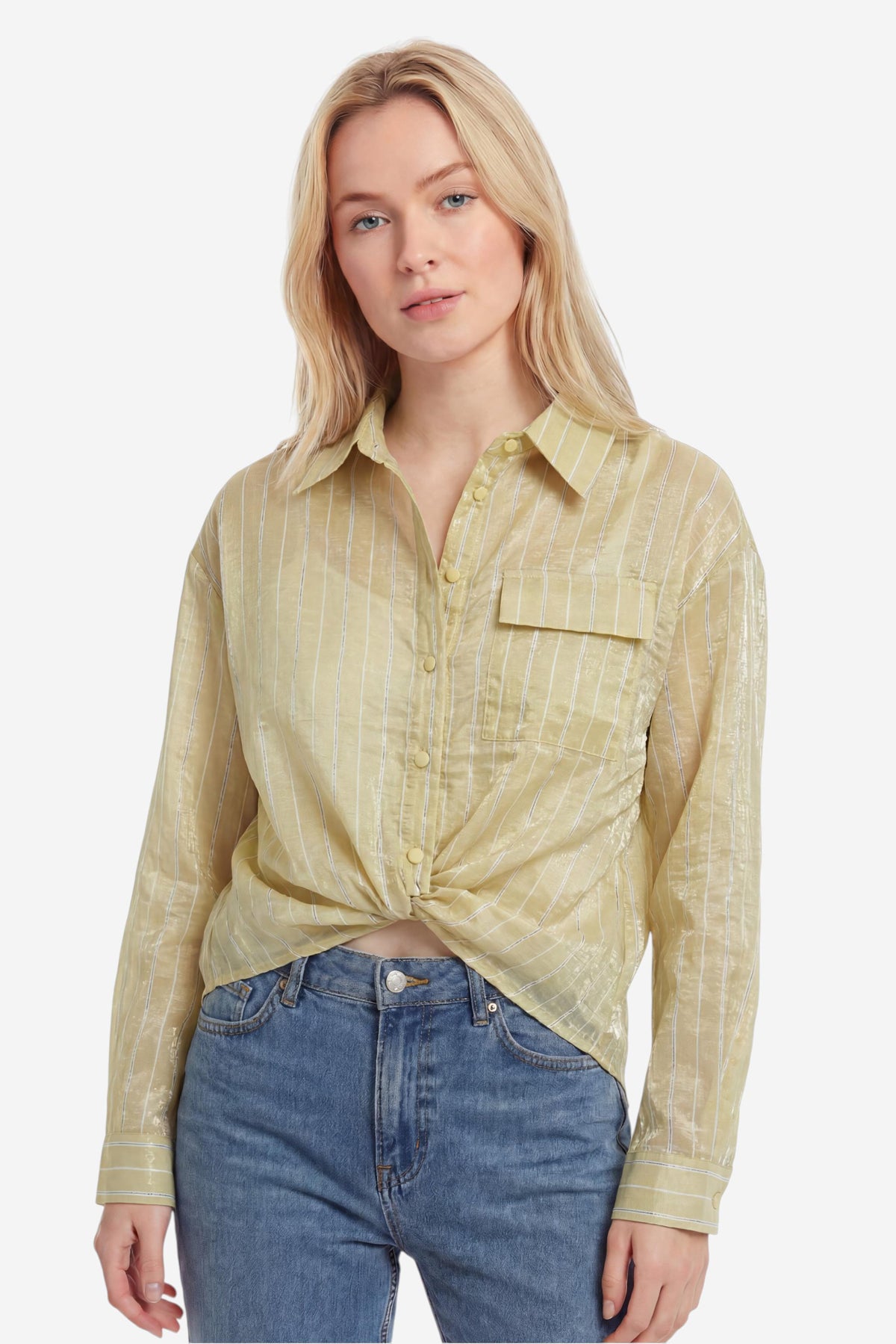 Pastel Yellow Sheer Stripe Front-Knot Shirt