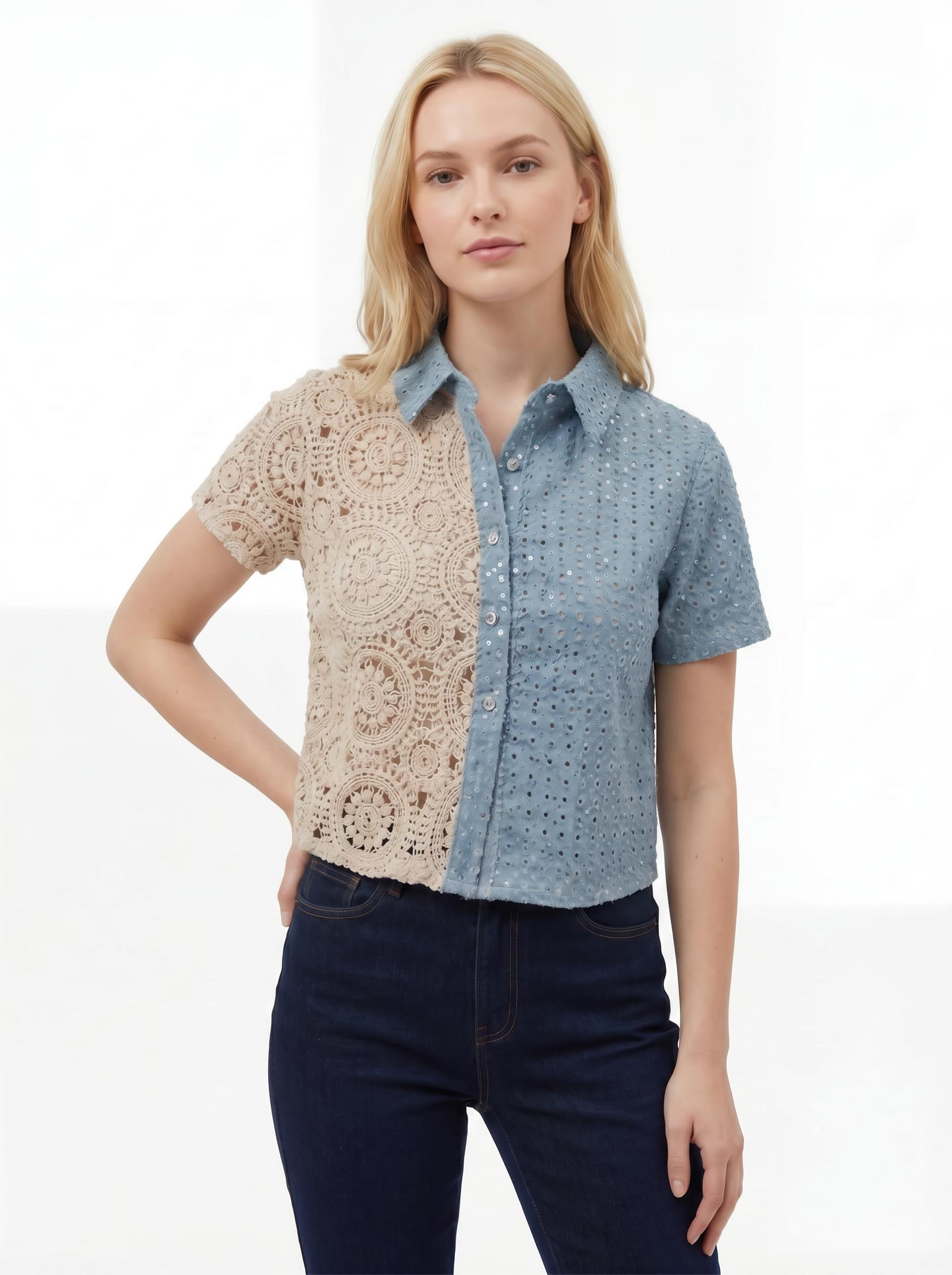 Crochet Panel Women’s Short Sleeve Shirt