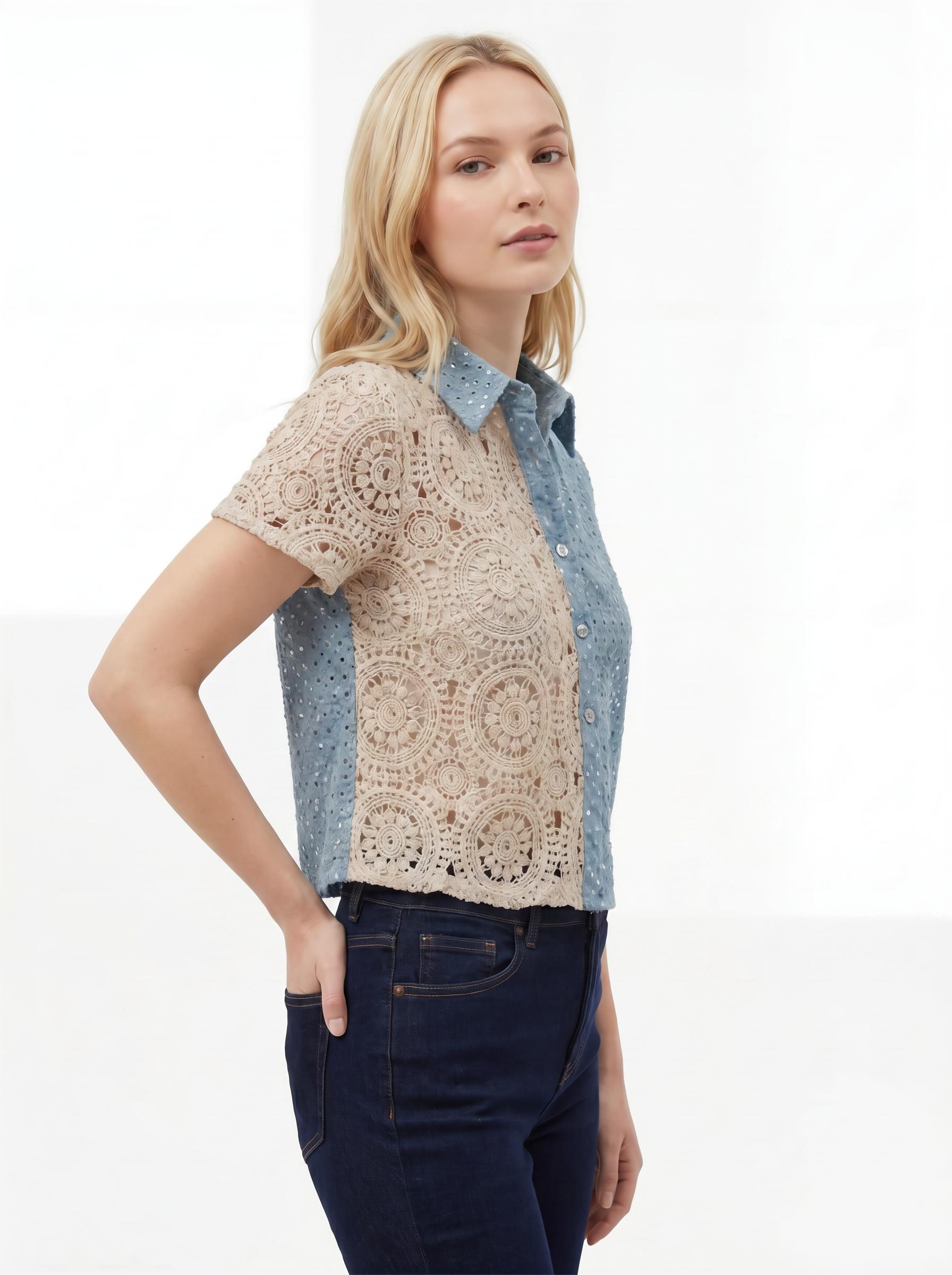 Crochet Panel Women’s Short Sleeve Shirt