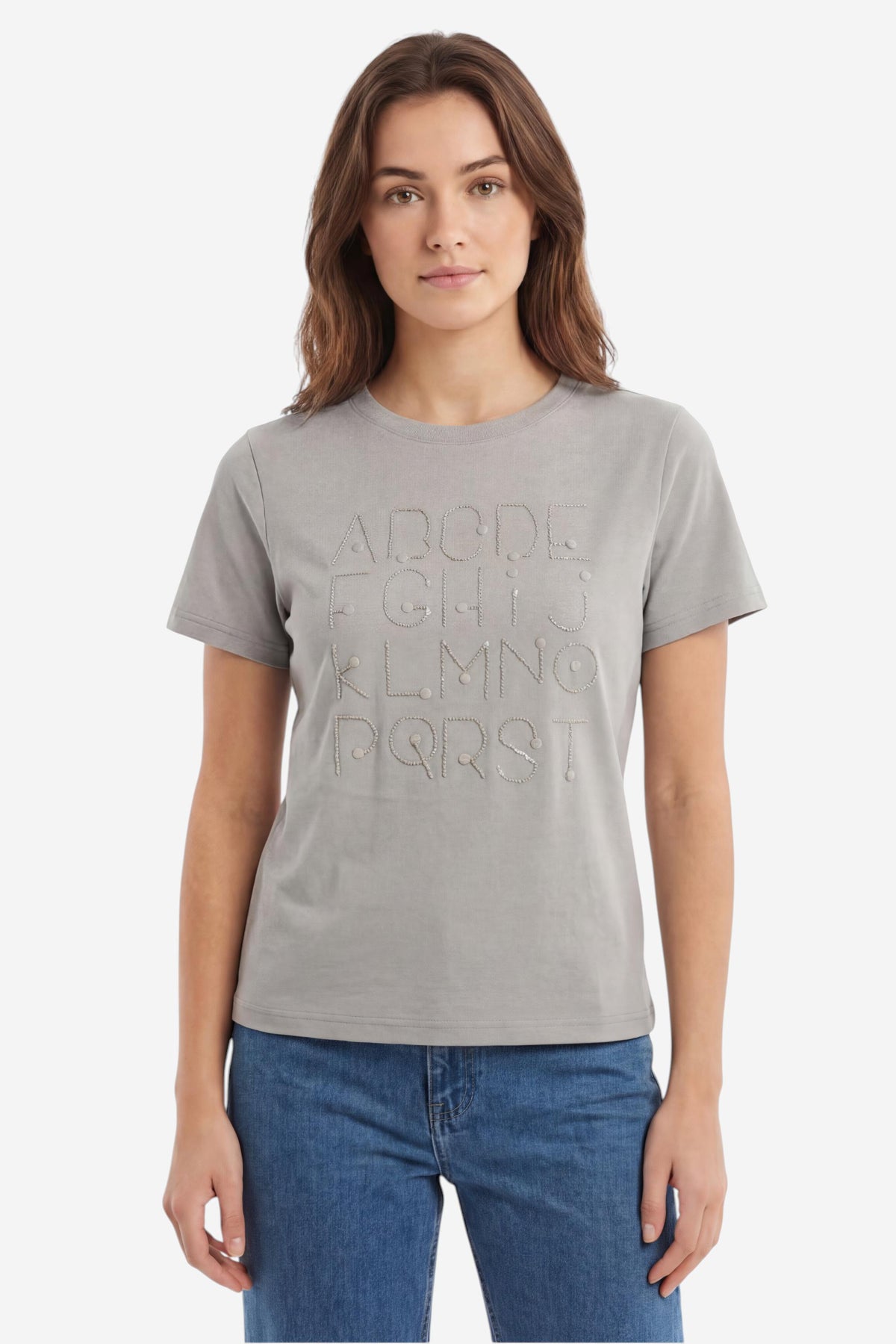 Alphabet Embroidered Crew Neck T-Shirt