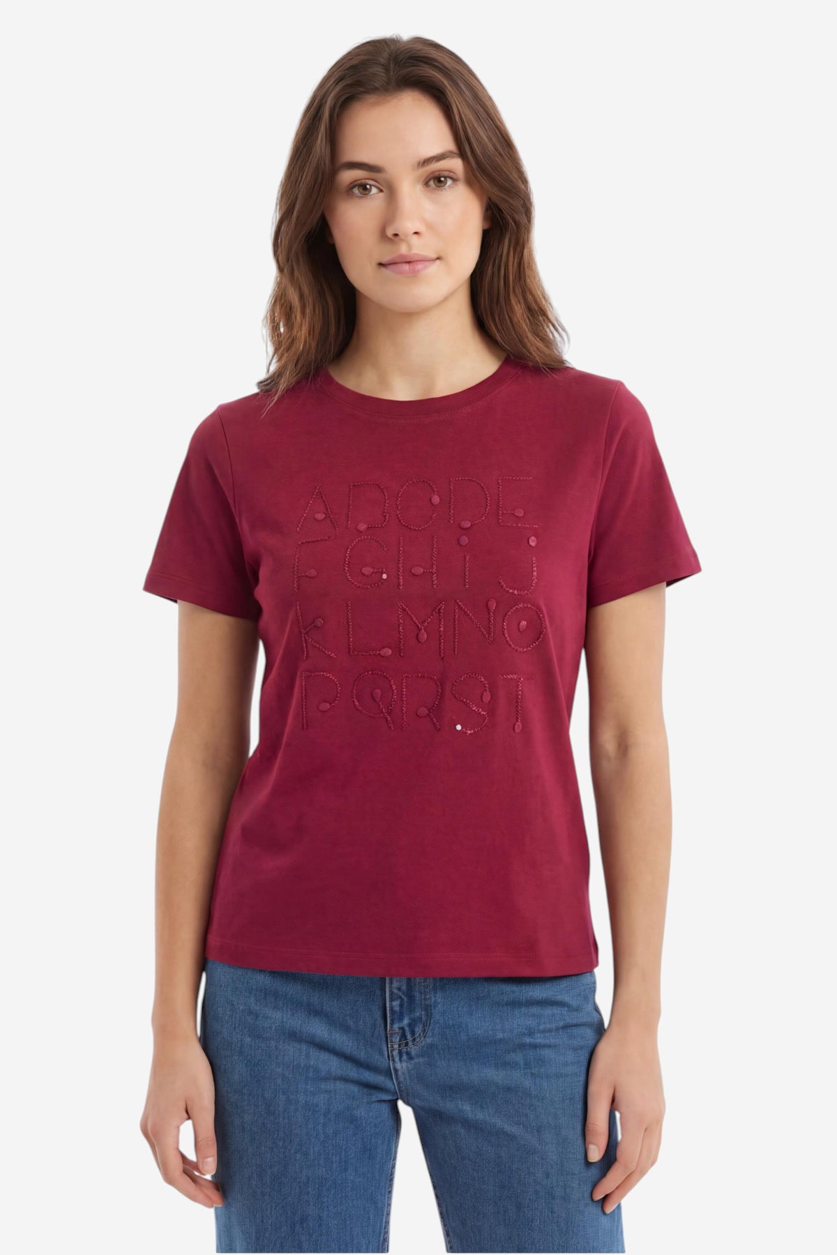 Alphabet Embroidered Crew Neck T-Shirt