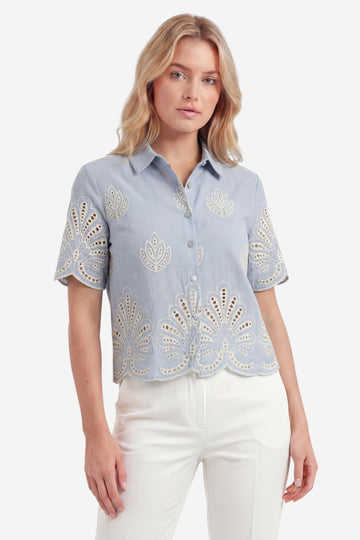 Powder Blue Schiffli Embroidered Scalloped Hem Shirt