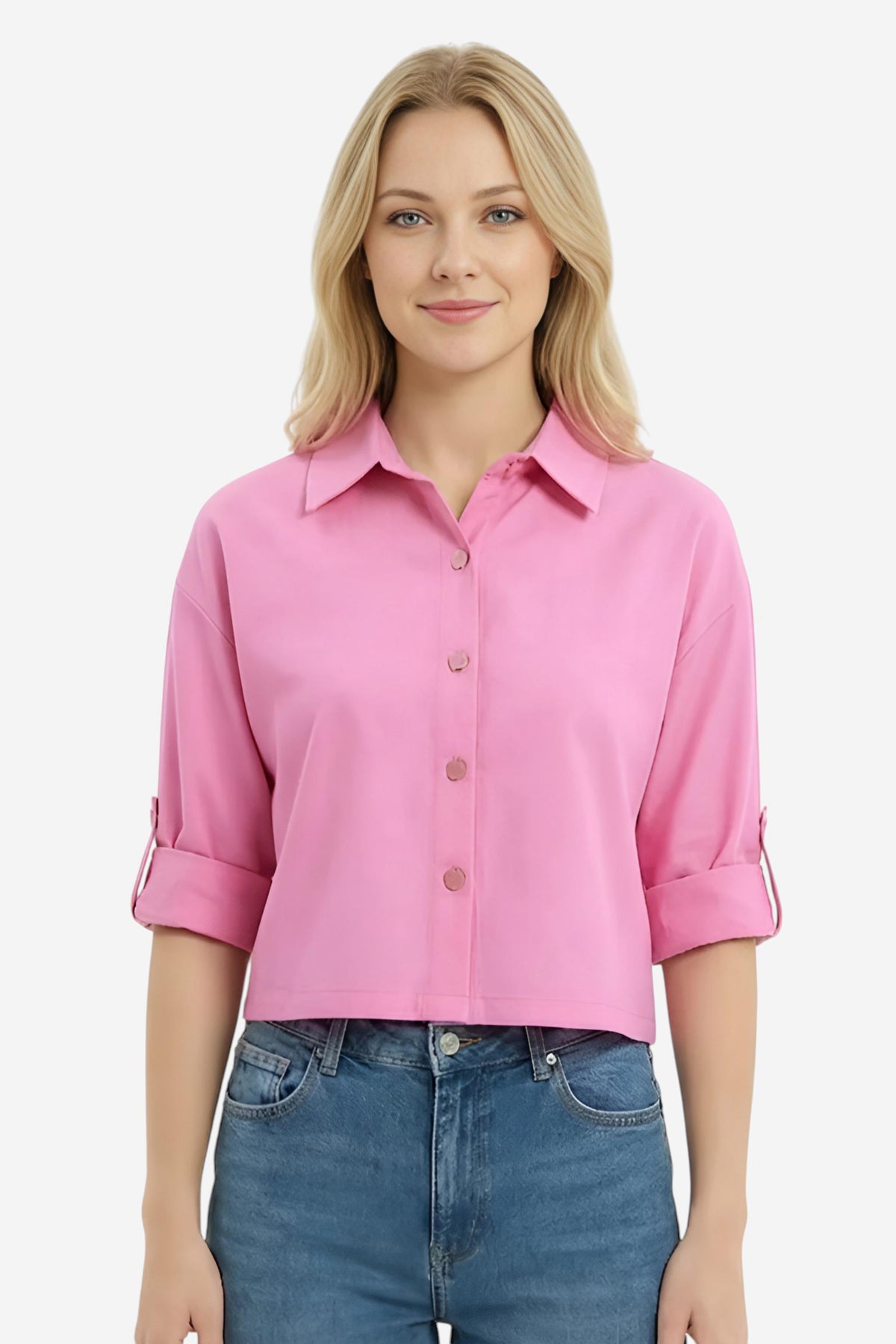 Pink Roll-Up Sleeve Cropped Shirt