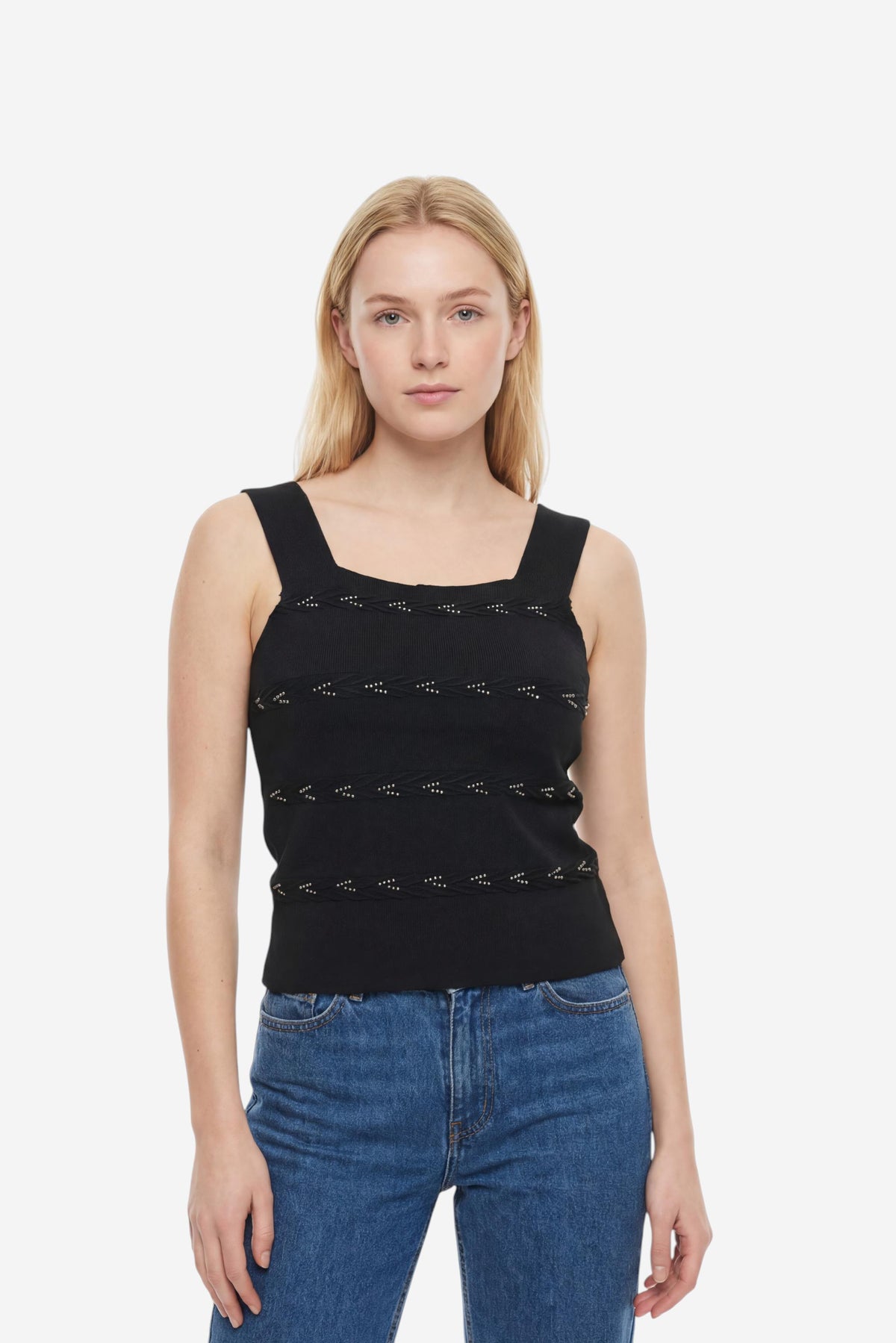 Pointelle Knit Square Neck Sleeveless Top