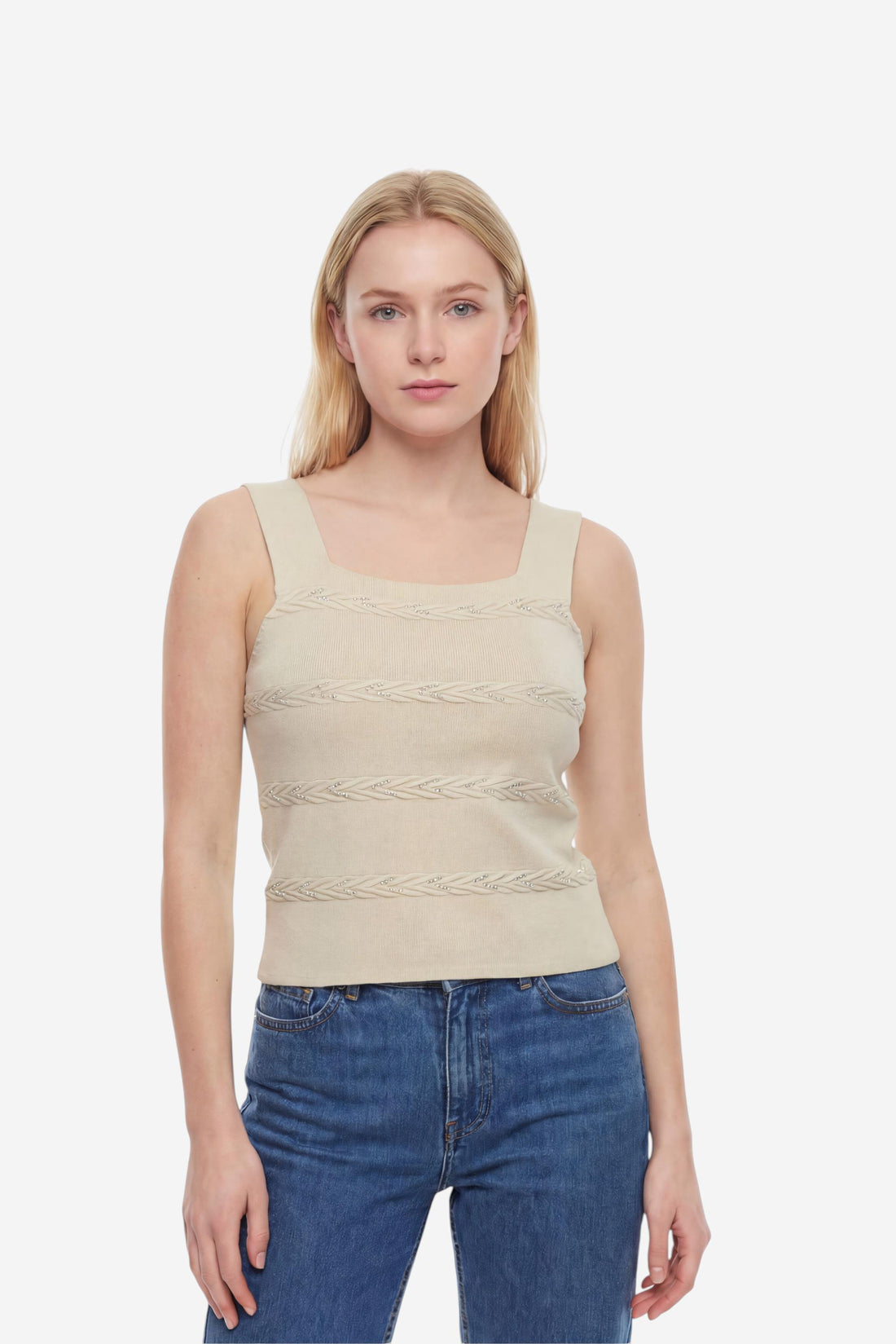Pointelle Knit Square Neck Sleeveless Top