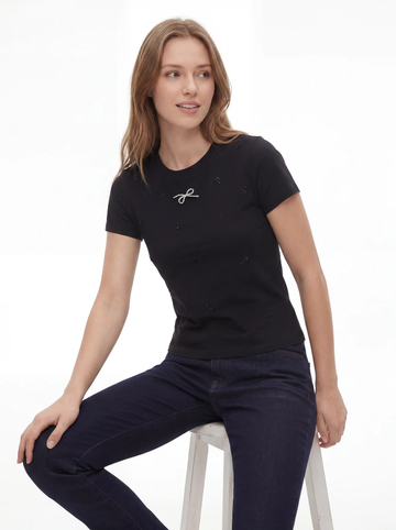 Black Embroidered Slim Fit Crew Neck T-Shirt