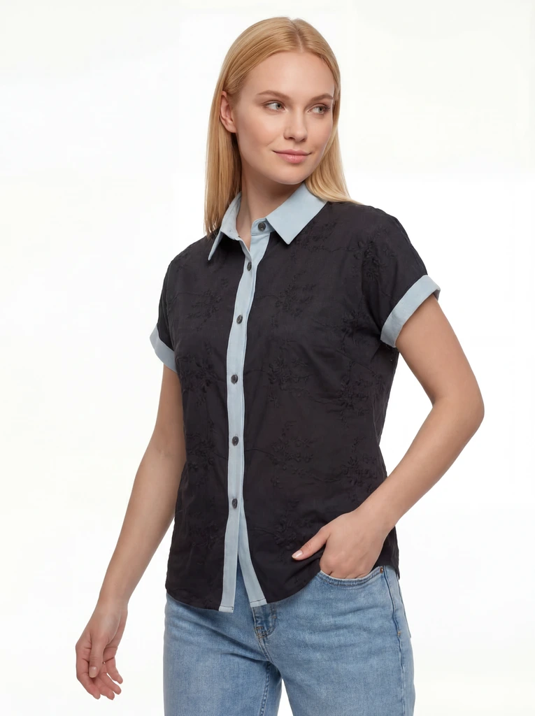 Black Contrast Collar Button Front Shirt Top