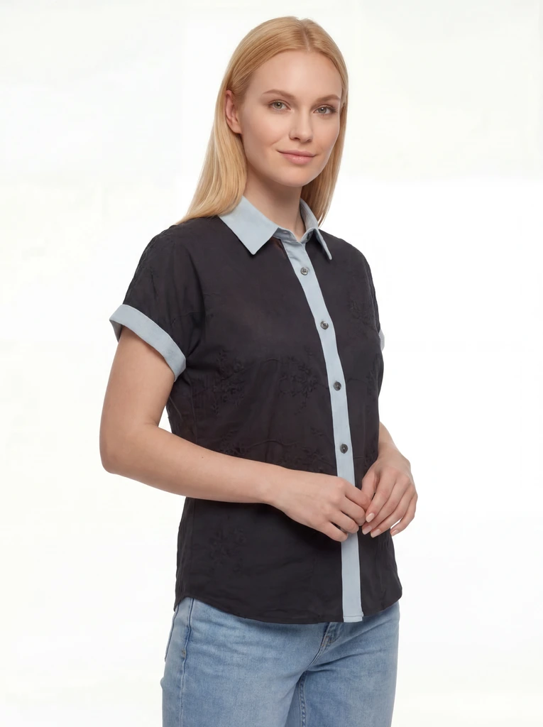 Black Contrast Collar Button Front Shirt Top