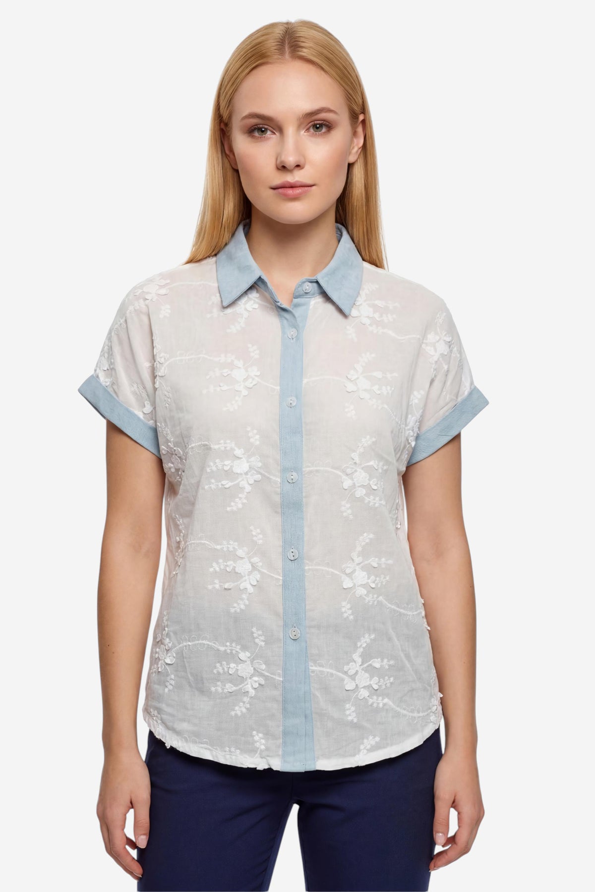 White Floral Embroidered Shirt