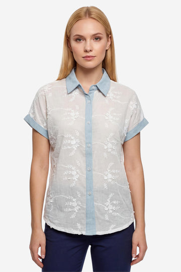 White Floral Embroidered Shirt