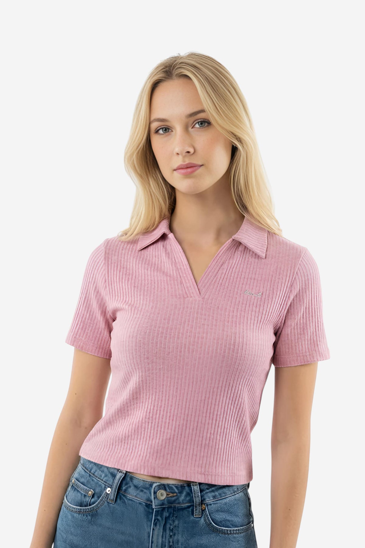 Pink Ribbed Knit Johnny Collar Crop Top