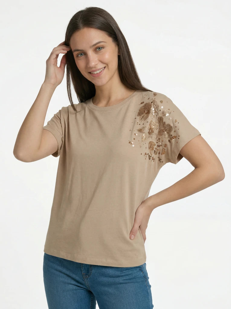 Beige Sequin Shoulder T-Shirt