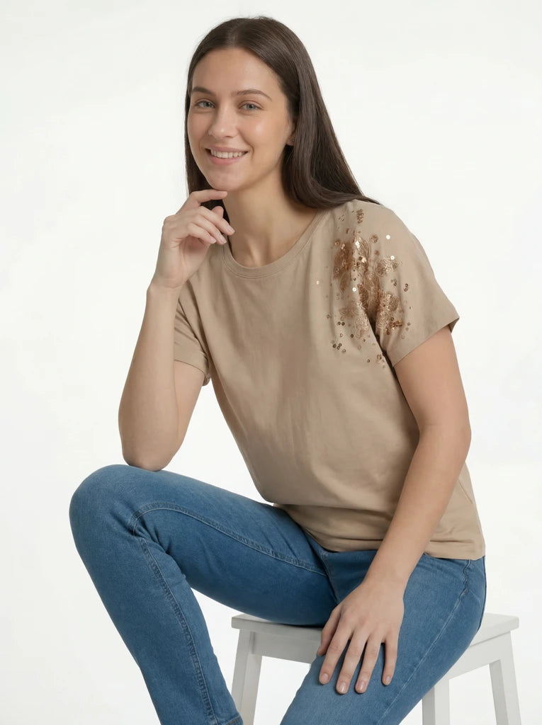 Beige Sequin Shoulder T-Shirt