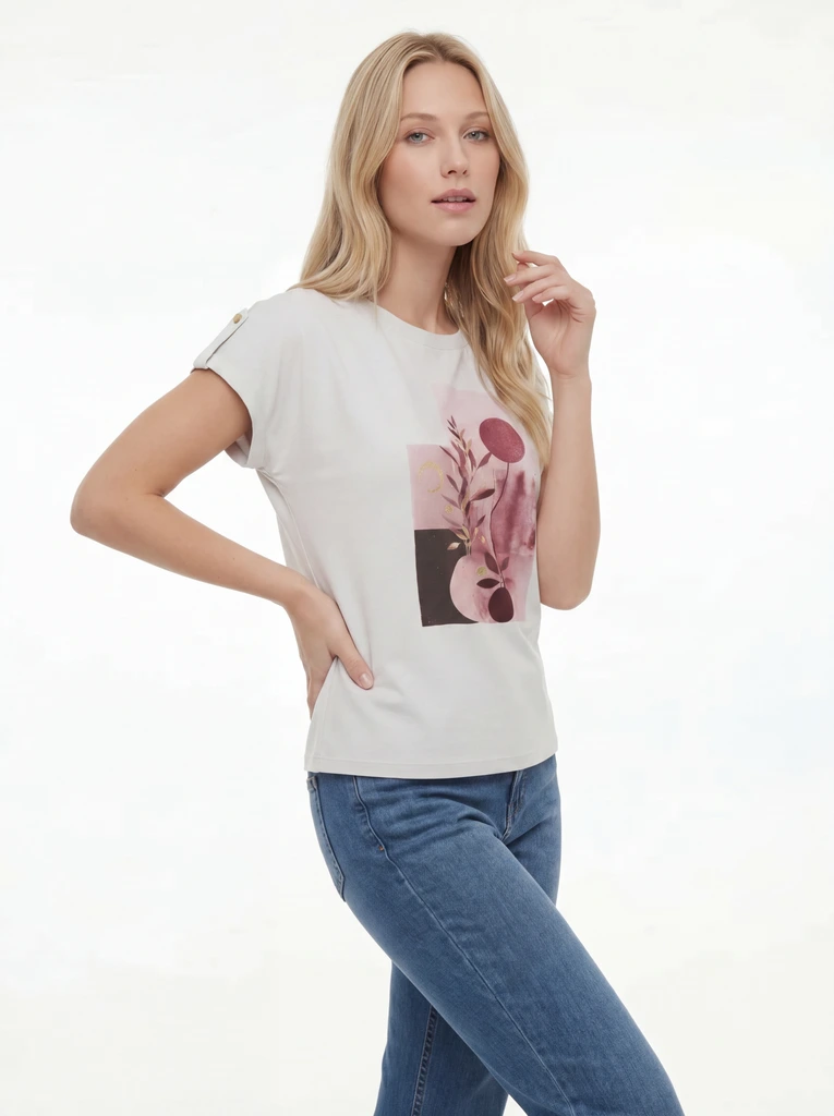 White Floral Graphic Crew Neck Regular T-Shirt