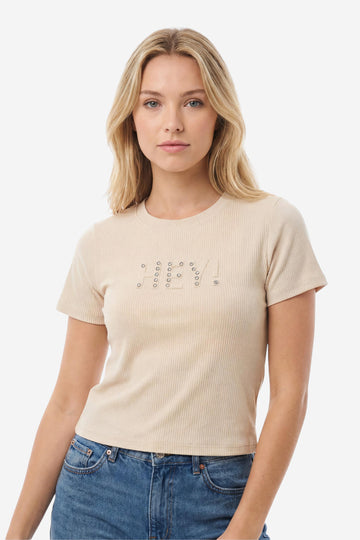 Beige Ribbed Embellished Crop T-Shirt