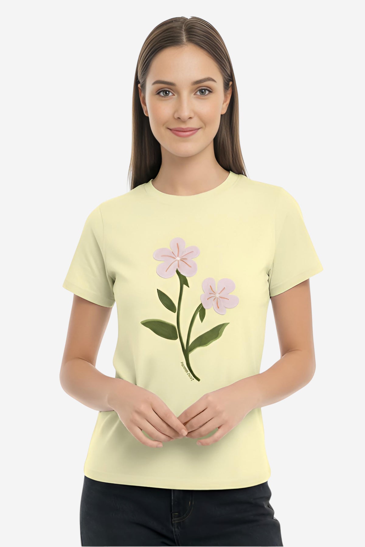Pastel Yellow Floral Appliqué Crew Neck T-Shirt
