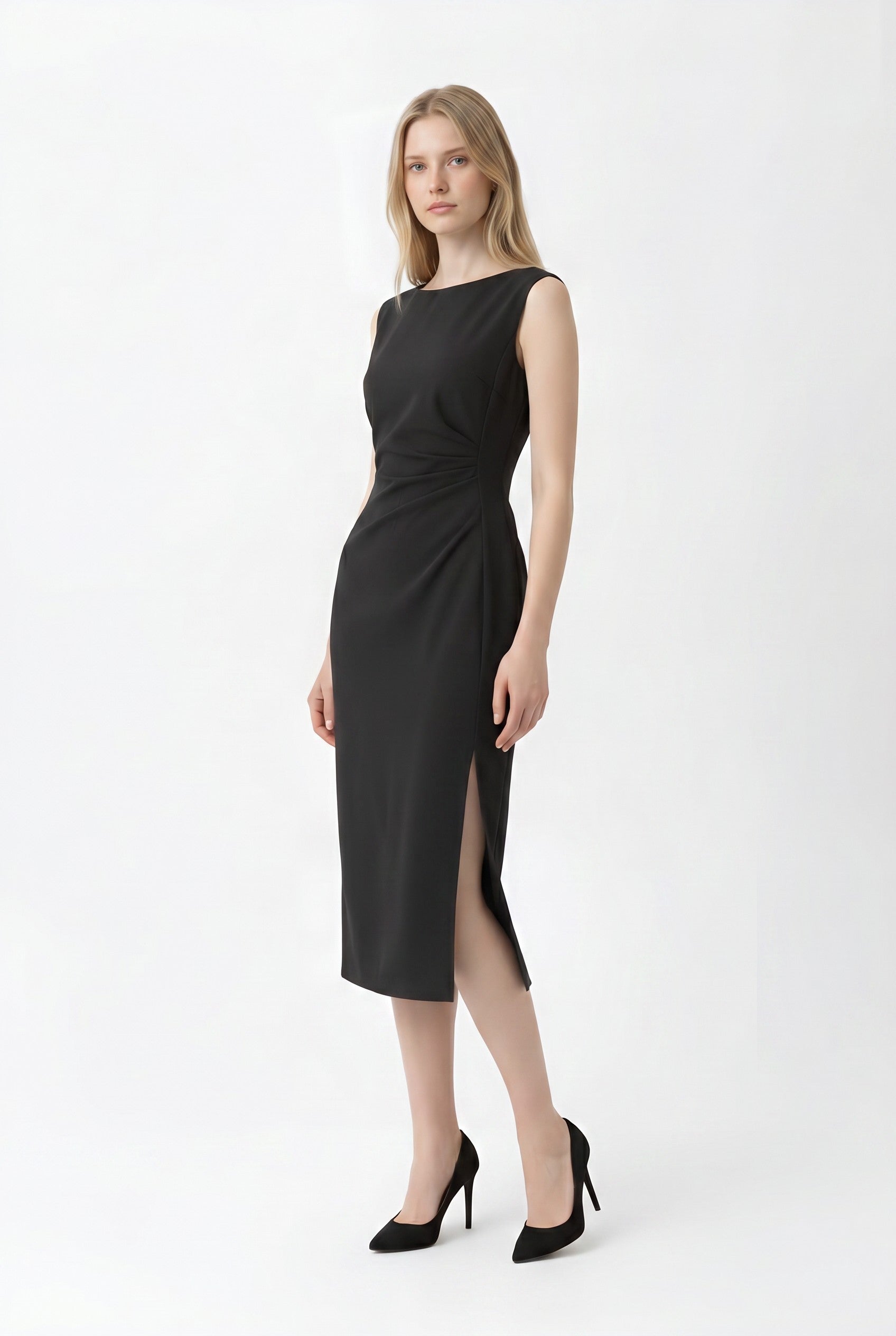 Black Sleeveless Ruched Midi Bodycon Dress