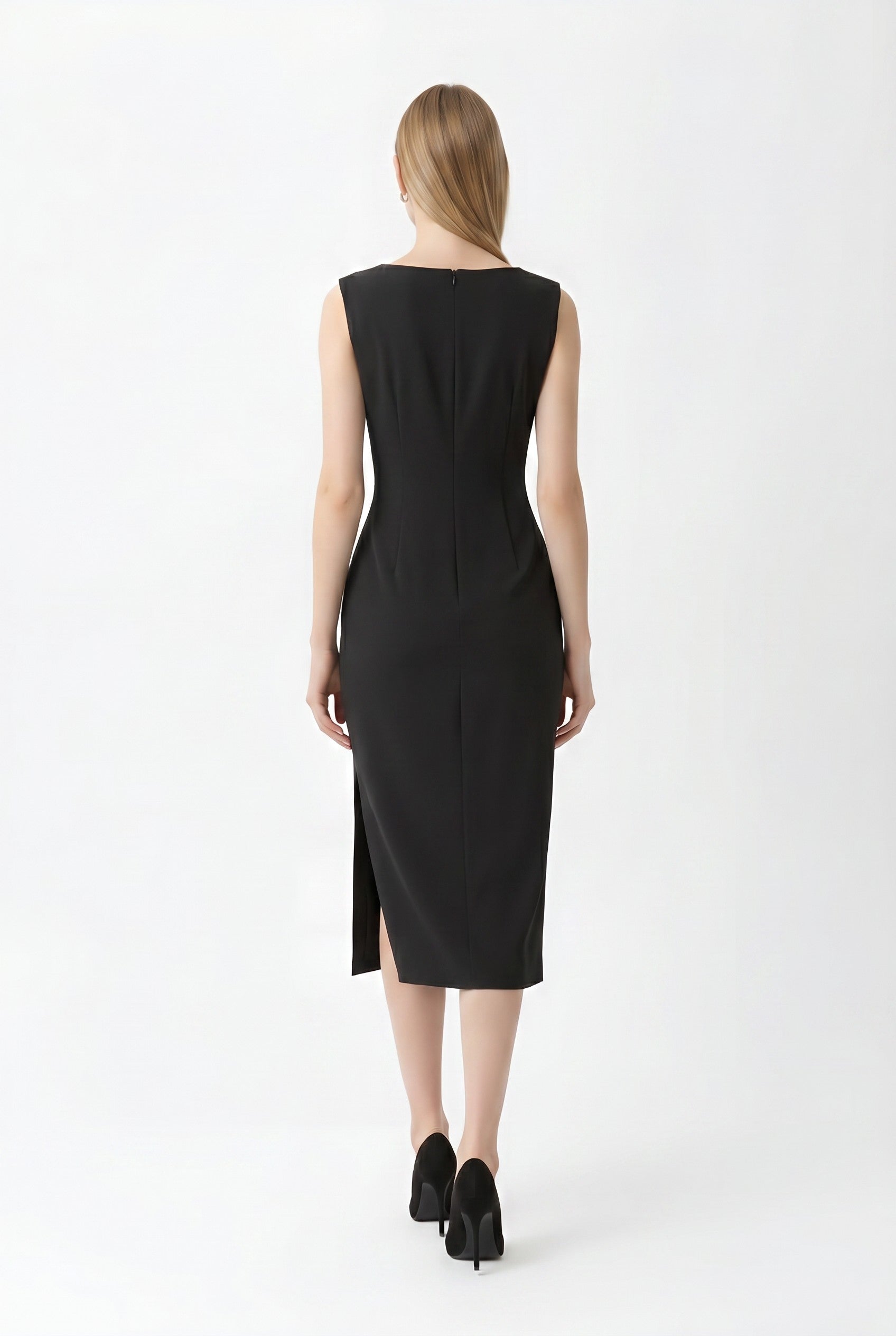 Black Sleeveless Ruched Midi Bodycon Dress